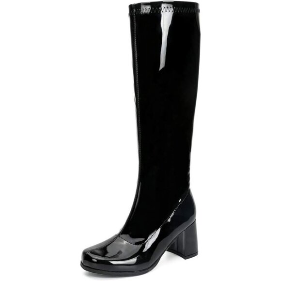Women's Black Gogo Boots Knee High Block Heel Square Toe 60s 70s Disco Costume - Picture 1 of 8